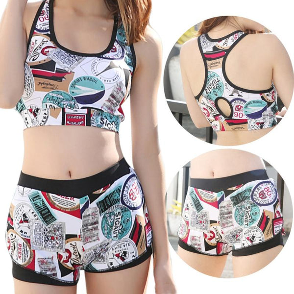 High Waist Flexible Boxer Swimsuit Women Padded Split Swimming Set Print Crop Top Shorts Bikini Two-piece Swimwear Beachwear