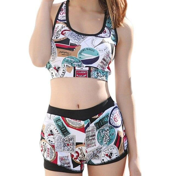 High Waist Flexible Boxer Swimsuit Women Padded Split Swimming Set Print Crop Top Shorts Bikini Two-piece Swimwear Beachwear