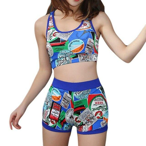 High Waist Flexible Boxer Swimsuit Women Padded Split Swimming Set Print Crop Top Shorts Bikini Two-piece Swimwear Beachwear