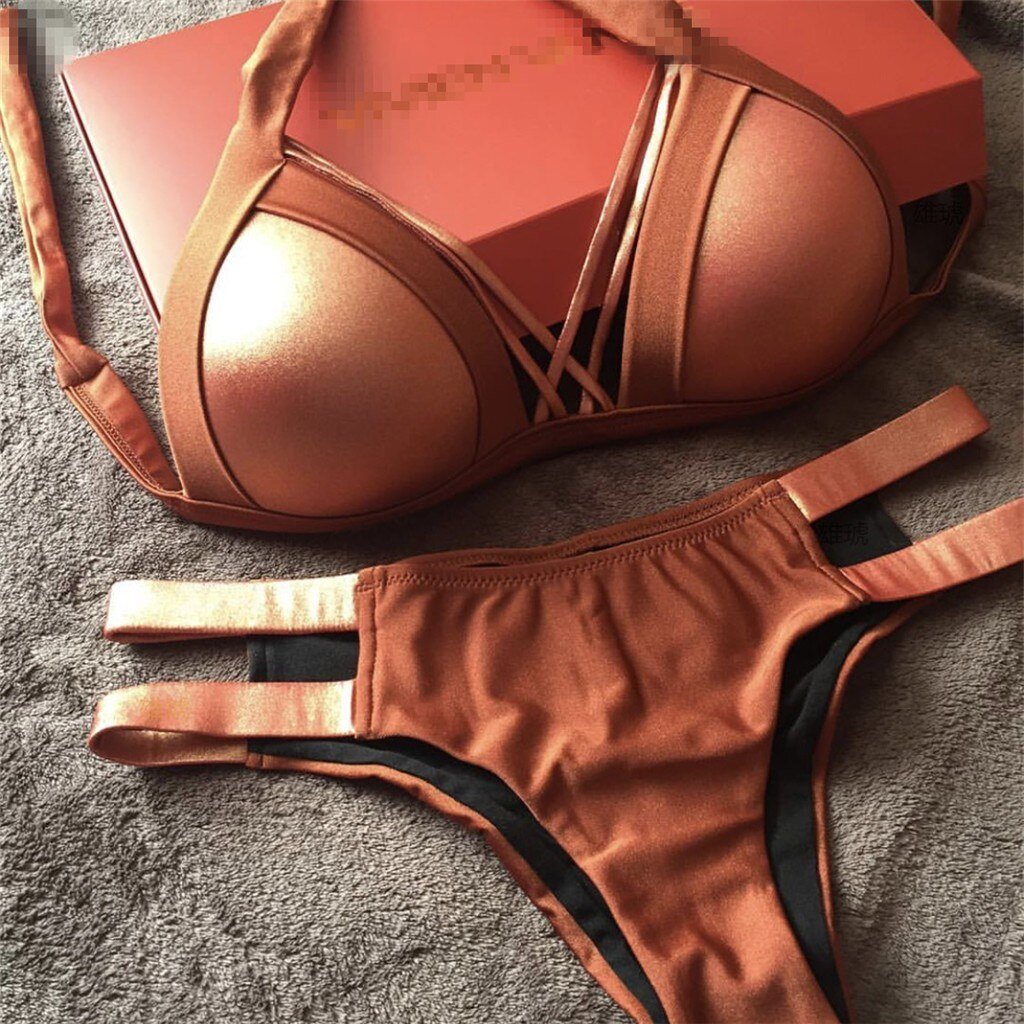 2019 New Women's Fashion Beach Wear Swim Women Sexy Bikini Set Hot Stamp Strap Sport Swimwear Push-Up Padded Swimsuit