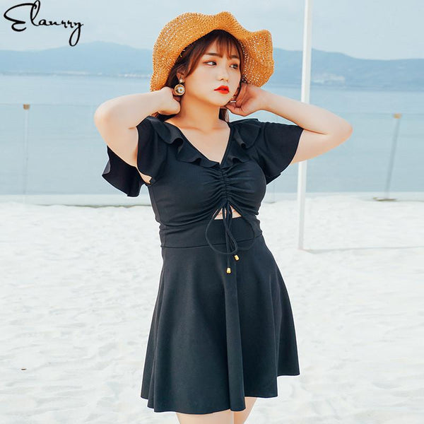 2019 Swimming Suit For Women Plus Size Swimwear Ladies Modest Swimsuit Solid Padded Skirted Bathing Suit Beach Dress Maillot