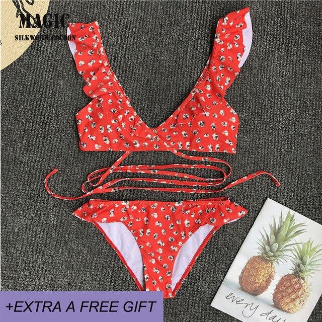 Red Print Swimwear New Womens Padded Push-up Bra Swimming Suit Ladies Bikini Set Ruffles Swimsuit Bathing Swimwear Beachwear