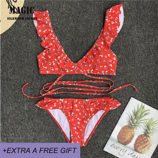 Red Print Swimwear New Womens Padded Push-up Bra Swimming Suit Ladies Bikini Set Ruffles Swimsuit Bathing Swimwear Beachwear