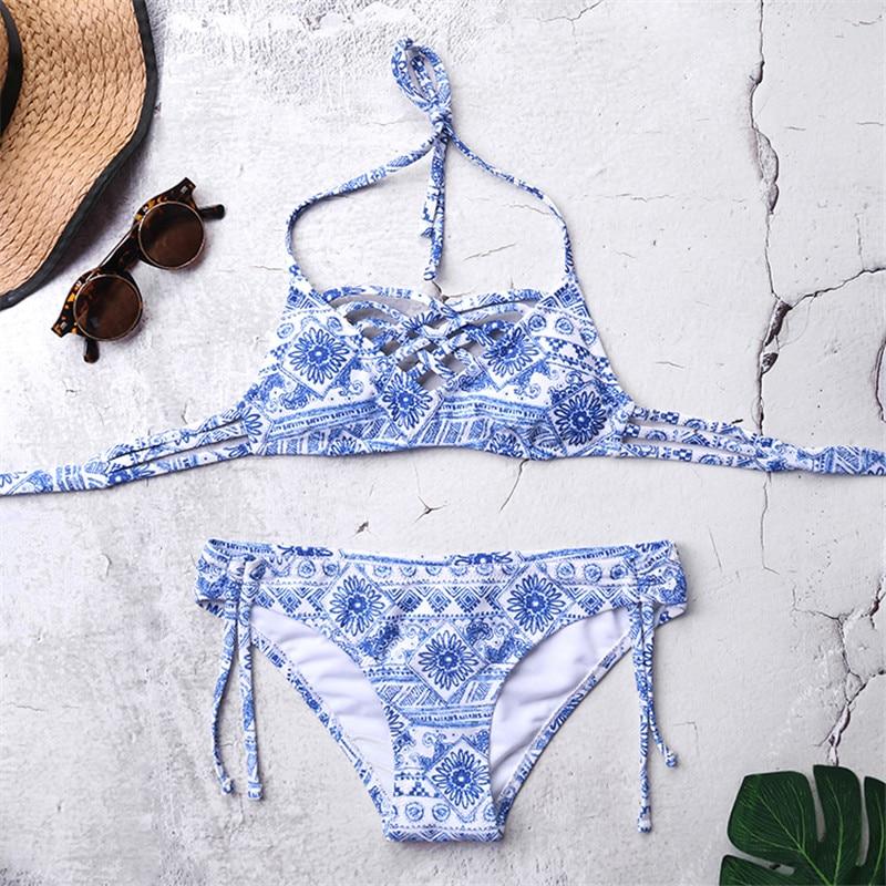 Women Retro Print Strap Split Push Up Bikini Swimsuit Swimwear Bathing Swimming Suit 2019 Hollow Biquini Plavky Maillot Tankini