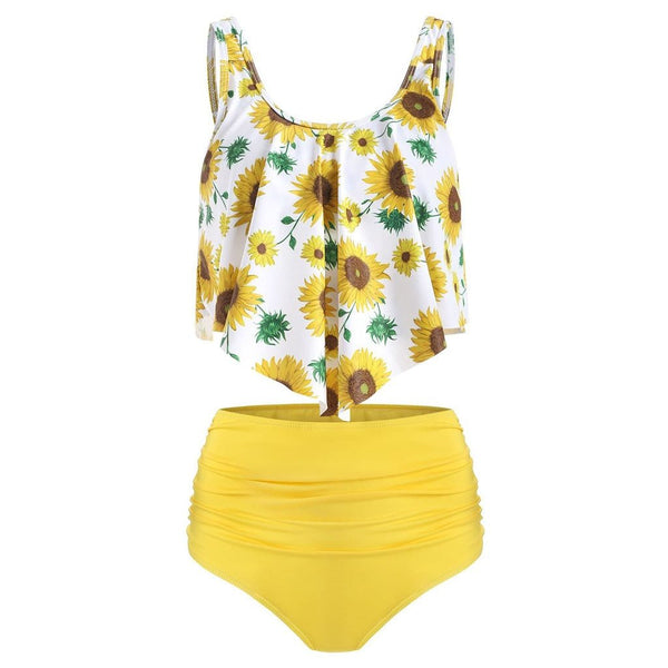 2019 New Two Piece Tankini Swimsuits Women Sunflower Print Plus Size Swimwear Women High Waist Bikini Bottom Swimming suit