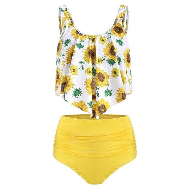 2019 New Two Piece Tankini Swimsuits Women Sunflower Print Plus Size Swimwear Women High Waist Bikini Bottom Swimming suit
