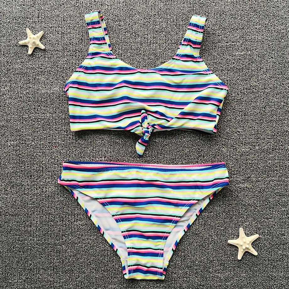 7-14 Years Girl Swimsuit Kids Striped Teenager Girl Bikini Bow Knot Two Piece Children Swimwear Big Girls Swimming Bathing Suit