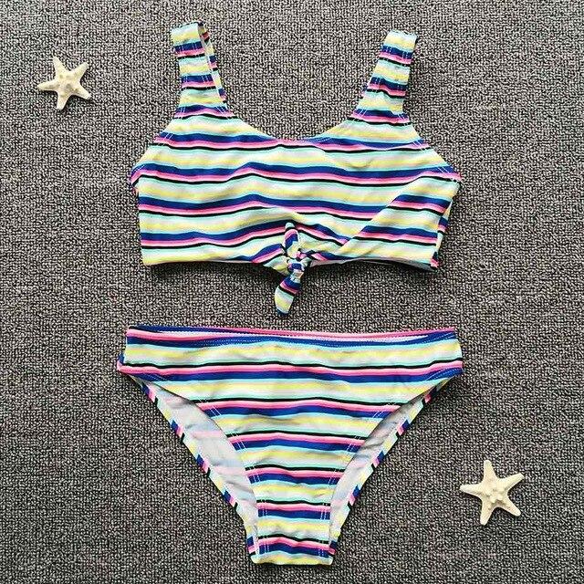 7-14 Years Girl Swimsuit Kids Striped Teenager Girl Bikini Bow Knot Two Piece Children Swimwear Big Girls Swimming Bathing Suit