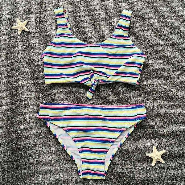7-14 Years Girl Swimsuit Kids Striped Teenager Girl Bikini Bow Knot Two Piece Children Swimwear Big Girls Swimming Bathing Suit