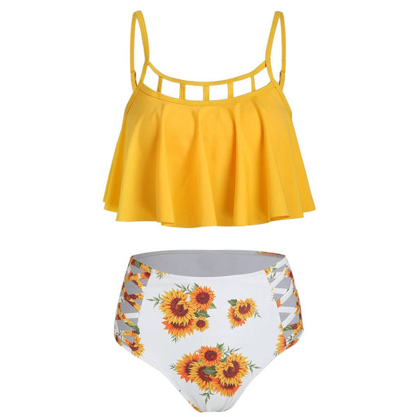 Swimming suit for women high waisted brazilian bikini 2019 Two Pieces Bathing Suits Top Ruffled Sunflower Print Bikini Set