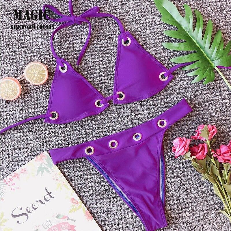 Metal lock design high quality two piece bikini set 2019 new solid bandage swimsuit women low waist thong swimwear swimming suit