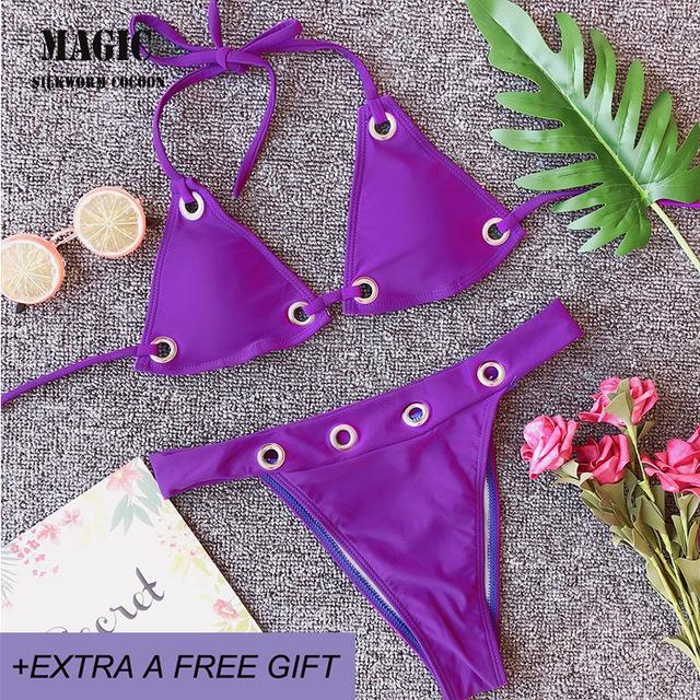 Metal lock design high quality two piece bikini set 2019 new solid bandage swimsuit women low waist thong swimwear swimming suit