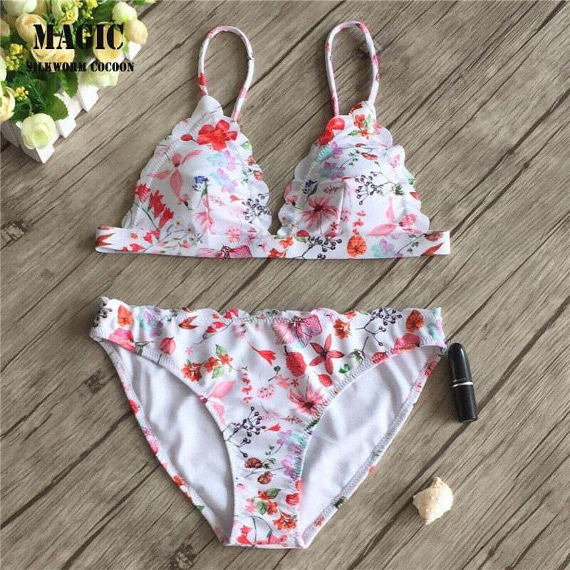 Youth Girl Bikini Set 2018 New Lace Sexy Floral Print Swimwear Women's Swimming Suit Cute Swimsuit Beach Play Swimsuit Vacation