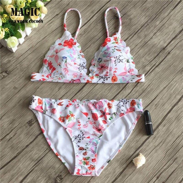 Youth Girl Bikini Set 2018 New Lace Sexy Floral Print Swimwear Women's Swimming Suit Cute Swimsuit Beach Play Swimsuit Vacation