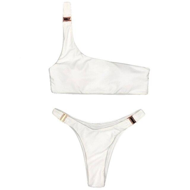 MUQGEW Fashion women's swimming suit 2019 sexy bikini swimsuit Women One-Shoulder Buckle Solid Color Swimsuit Bikini #0410