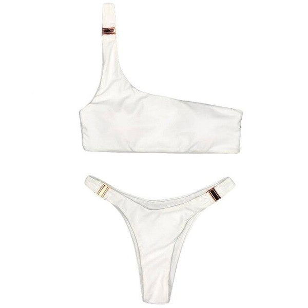 MUQGEW Fashion women's swimming suit 2019 sexy bikini swimsuit Women One-Shoulder Buckle Solid Color Swimsuit Bikini #0410