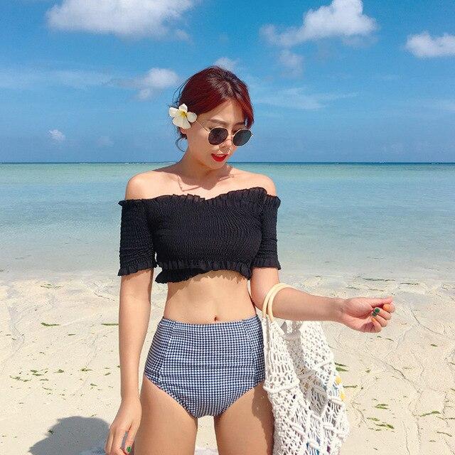 Solid Black Red Swimwear High Waist Bikini Off Shoulder Beachwear Padded Women Swimming Suit Thong Bikini Two Piece Swimsuit