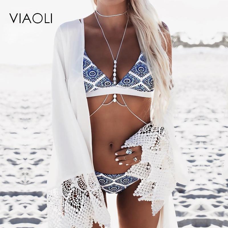 VIAOLI 2018 Sexy Ladies White Floral Halter  Biquini Swimsuit Swim Beach Wear Bathing Suit Swimwear Women Brazilian Bikini