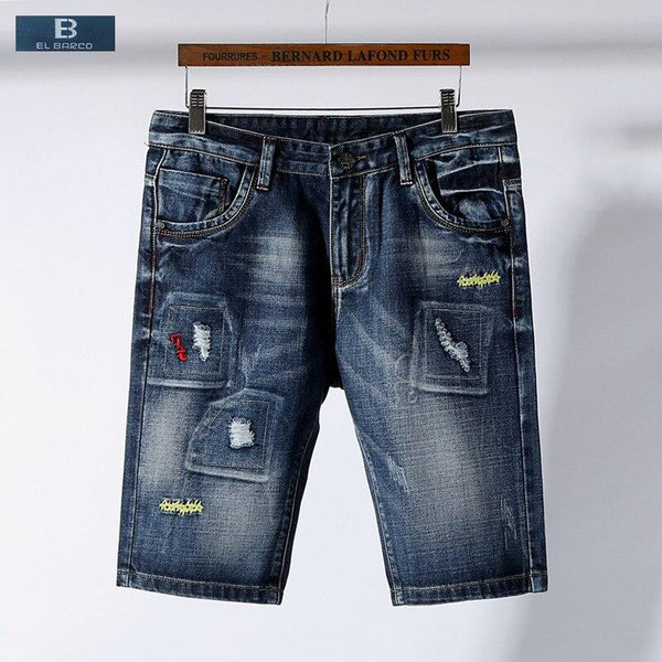 [EL BQRCO] 2017 New Denim Cotton Ripped Men Casual Shorts Jeans Bermuda Summer Knee-Length Pocket Solid Blue Male Short Trousers