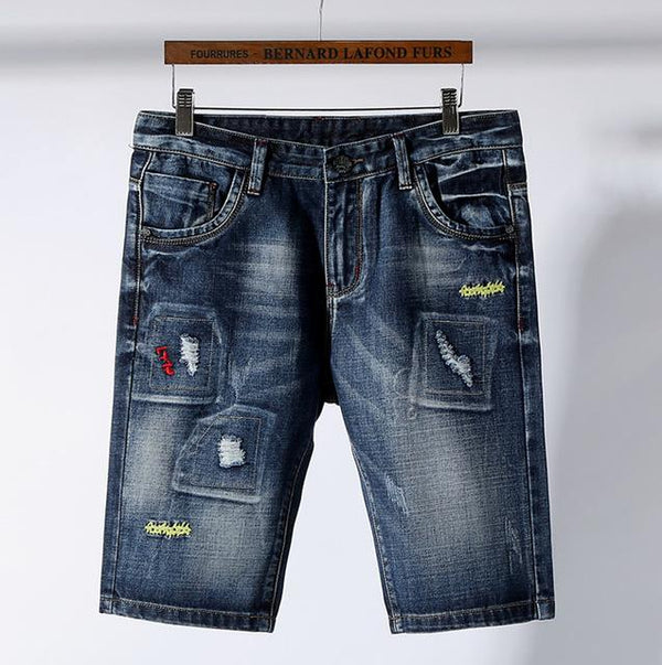 [EL BQRCO] 2017 New Denim Cotton Ripped Men Casual Shorts Jeans Bermuda Summer Knee-Length Pocket Solid Blue Male Short Trousers