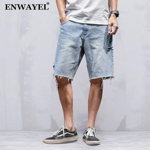 ENWAYEL 2018 Brand Summer Casual Jeans Shorts Men Straight Loose Hole Ripped Distressed Short Denim Male Hip Hop Streetwear D009