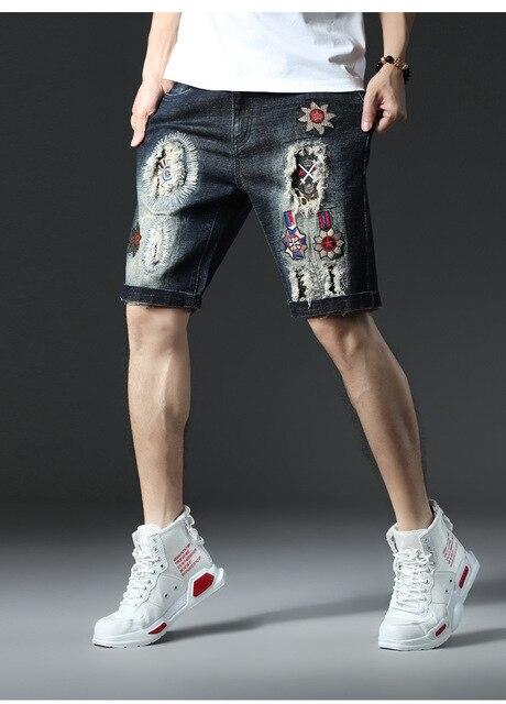 Summer Denim Shorts Mens Embroidered Badge Jeans Bermuda Ankle Ripped Loose Shorts