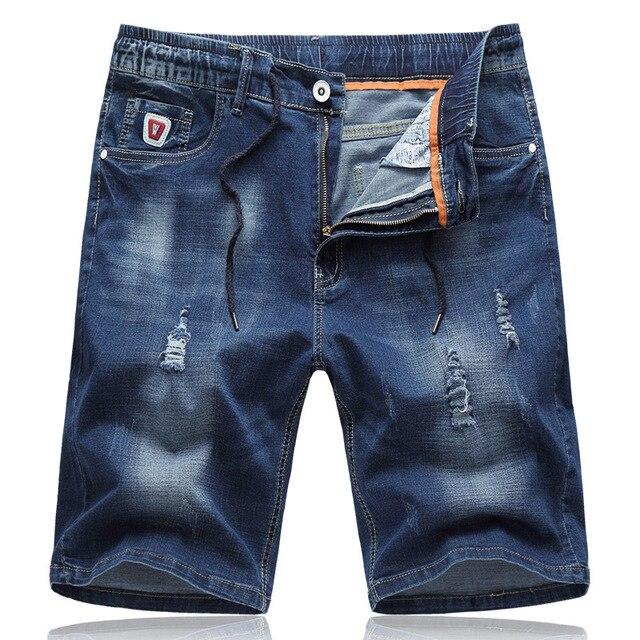 Jeans Shorts Men Ripped Elastic Waist Stretch Slim Fit Broken Distressed Denim Shorts Blue 2019 New Summer Brand Male Shorts