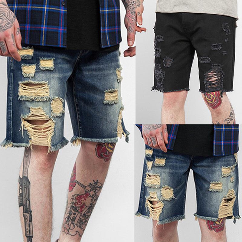 Fashion Leisure Mens Ripped Short Jeans Blue Men'S Clothing Summer Plus Size Denim Shorts Hip Hop Black Denim Shorts Male 3xl-M