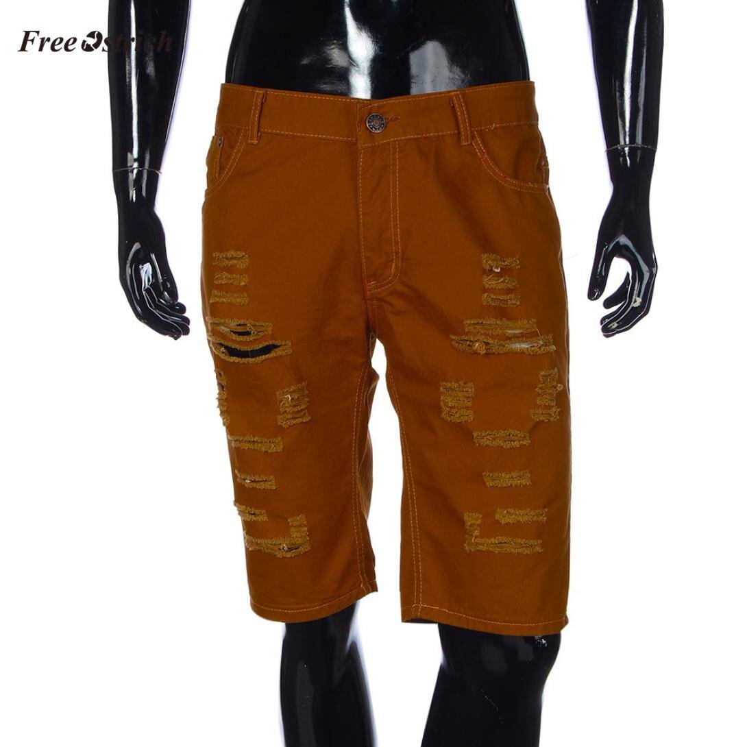 Free Ostrich Clothes Men Shorts Casual Jeans Destroyed Knee Length Hole Ripped Pantes  Outdoors Sport beachwear swimsuit men