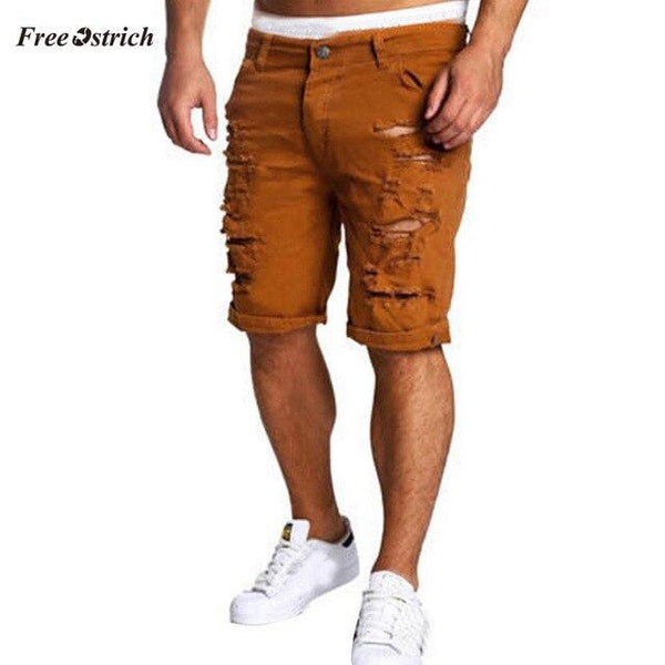 Free Ostrich Clothes Men Shorts Casual Jeans Destroyed Knee Length Hole Ripped Pantes  Outdoors Sport beachwear swimsuit men