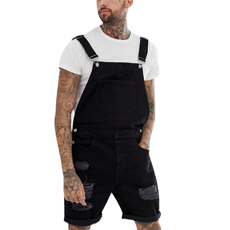 CYSINCOS Summer Fashion Men Ripped Bib Jeans Jumpsuits Shorts  Street Style Distressed Denim Overalls Mens Casual Suspender