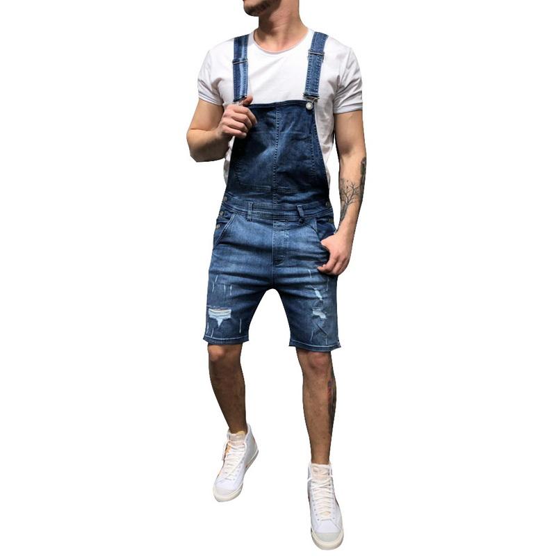 Puimentiua Plus Size Men Casual Ripped shorts  Distressed Bib Overalls Male Casual Suspender trouser Torridity Playsuit 3XL