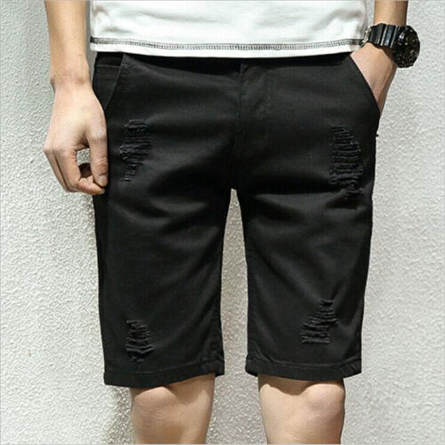 New Men Casual Jogger Shorts Summer Knee Length Ripped Hole Straight Shorts Man Boy Fashion Fit Sports Workout Short Trousers