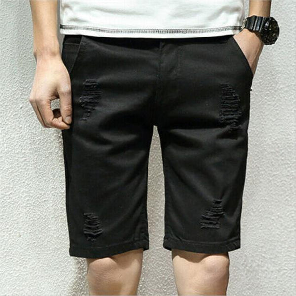New Men Casual Jogger Shorts Summer Knee Length Ripped Hole Straight Shorts Man Boy Fashion Fit Sports Workout Short Trousers