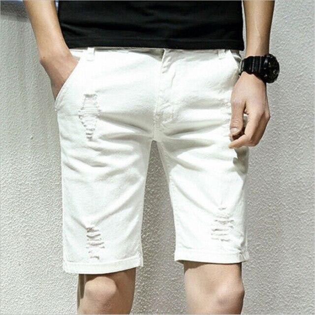 New Men Casual Jogger Shorts Summer Knee Length Ripped Hole Straight Shorts Man Boy Fashion Fit Sports Workout Short Trousers