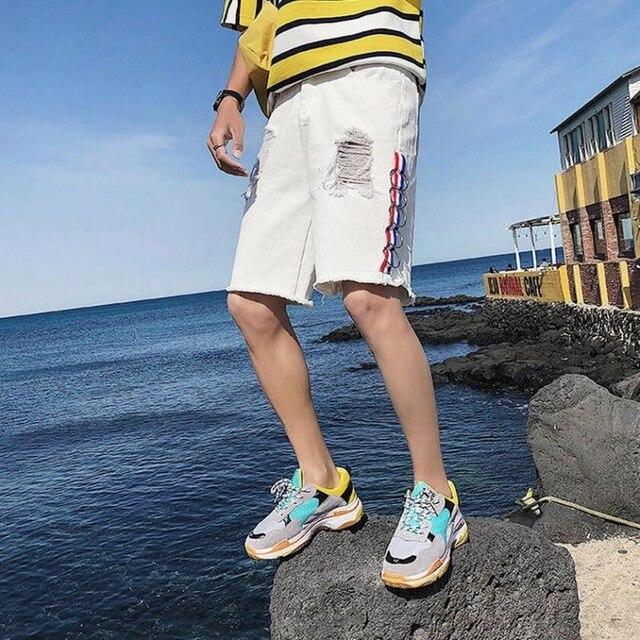 Plus Size 5XL Jeans Male Summer 2019 Korean Fashion Streetwear Distressed Casual Shorts Hole Ripped Slim Knee Length Trouser Man