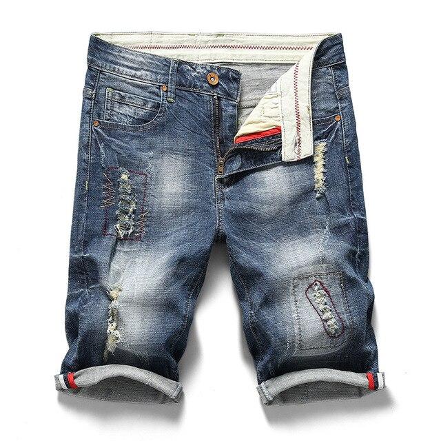 Slim Jeans Shorts Men Brand Ripped Summer Capri Men's Fashion Biker Casual Elasticity Distressed Hole Blue Denim Short Jean