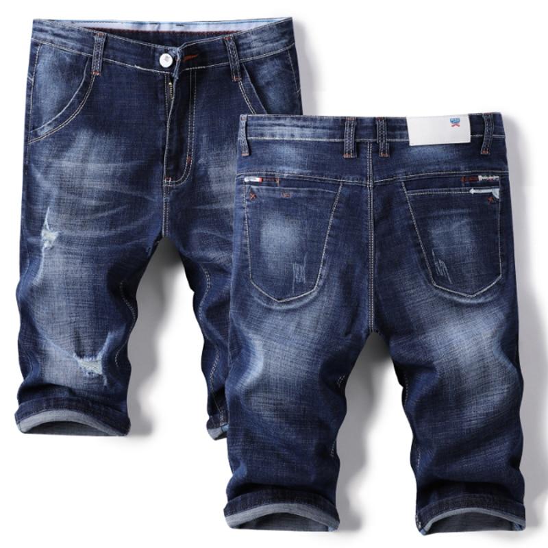 Classic Men Ripped Denim Shorts 2019 Summer Fashon Business Casual Knee Length Scratched Elastic Blue Short Jeans Brand Clothes