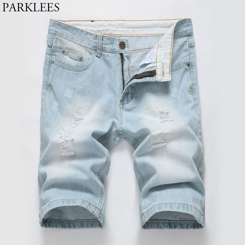 2018 New Fashion Men's Ripped Shorts Jeans Casual Knee Length Straight Jeans Shorts Hommes Brand Wash Cotton Denim Shorts Male
