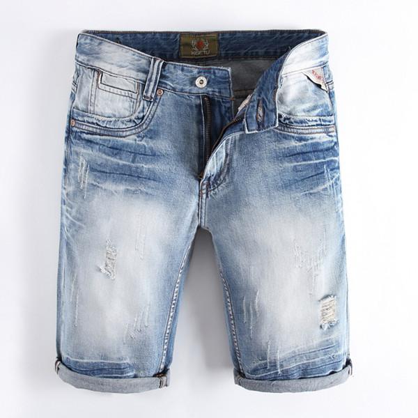 Denim Shorts Men Light Washed White Hole Slim Short Jeans Summer Ripped Fashion High Quality Men's Shorts
