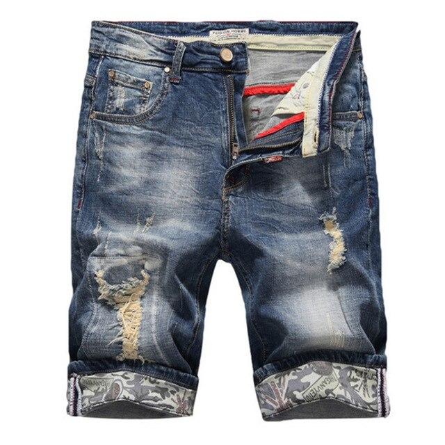 Male High Quality  Brand Clothes Summer New Men's Slim Denim Shorts Fashion Elasticity Casual Old Ripped Jeans Solid  Shorts
