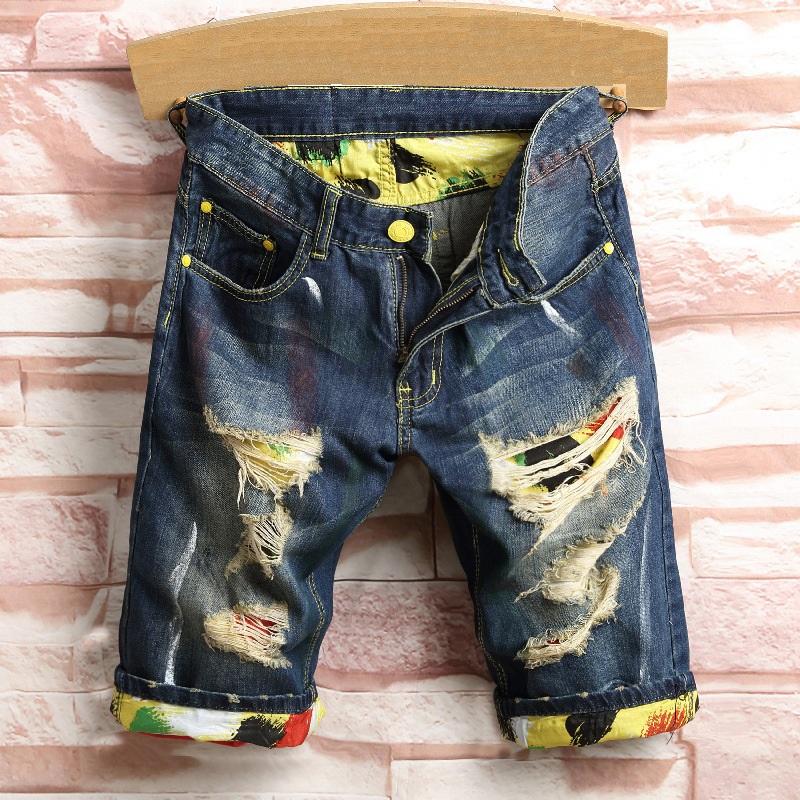 Mens Casual Ripped Crimping printing Short Jeans 2019 male Summer Clothing broken hole Breathable stright Denim Shorts Male