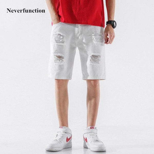 White & black Men Ripped Bermuda Summer Jeans Short Brand Clothing Streetwear Knee holes Male Casual Straight Denim shorts