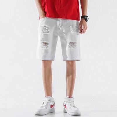 White & black Men Ripped Bermuda Summer Jeans Short Brand Clothing Streetwear Knee holes Male Casual Straight Denim shorts