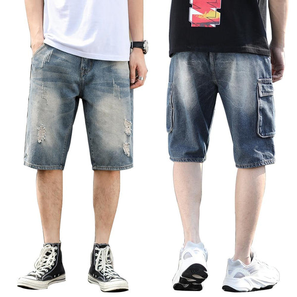 Keen Length Ripped Jeans Bermuda Trousers Short Men Denim Pants With Side Thigh Pockets Casual Scratches Broken Holes Jean