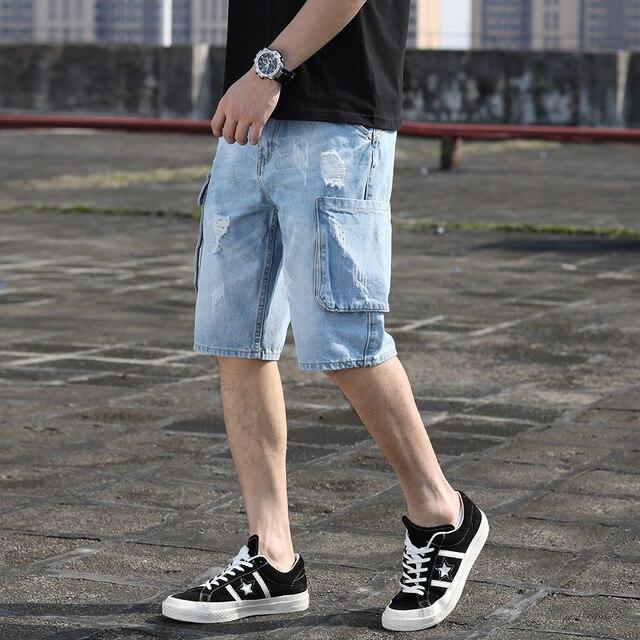 Keen Length Ripped Jeans Bermuda Trousers Short Men Denim Pants With Side Thigh Pockets Casual Scratches Broken Holes Jean