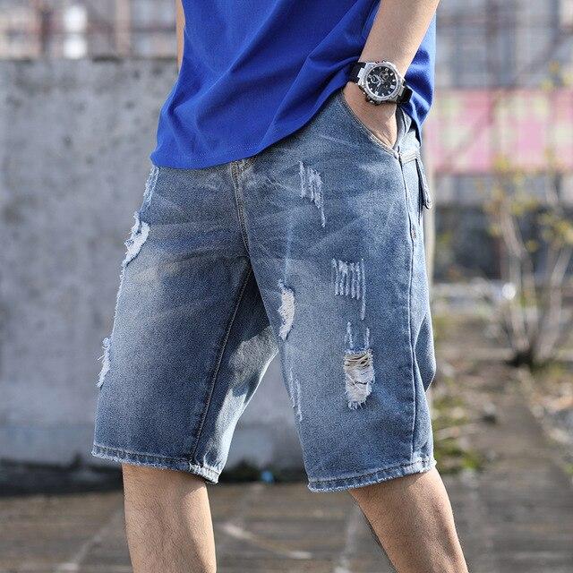 Keen Length Ripped Jeans Bermuda Trousers Short Men Denim Pants With Side Thigh Pockets Casual Scratches Broken Holes Jean