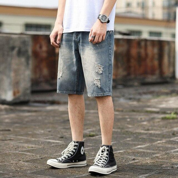 Keen Length Ripped Jeans Bermuda Trousers Short Men Denim Pants With Side Thigh Pockets Casual Scratches Broken Holes Jean