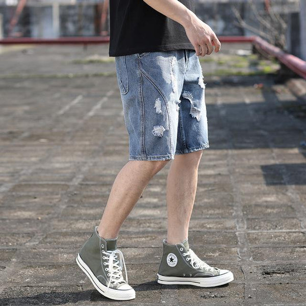 Keen Length Ripped Jeans Bermuda Trousers Short Men Denim Pants With Side Thigh Pockets Casual Scratches Broken Holes Jean