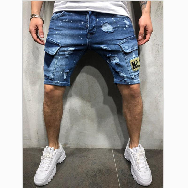 New Badge Denim Shorts Men Hole Casual Ripped Short Jeans Male Clothing Summer Slim Straight Breathable Jeans Shorts Plus size